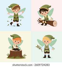 Set of cute forest fairy boy with wings on color background. Poster, Banner, Flyer, Greeting Card. Vector illustration in flat cartoon style