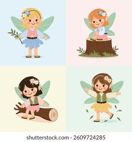 Set of cute forest fairy girl with wings on color background. Poster, Banner, Flyer, Greeting Card. Vector illustration in flat cartoon style