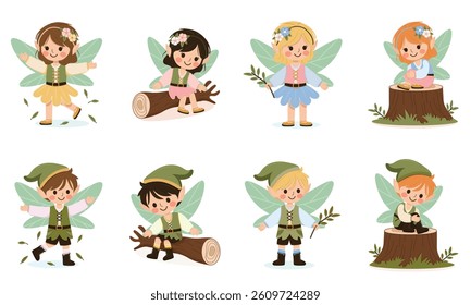 Set of cute forest fairy girl and boy with wings on white background. Poster, Banner, Flyer, Greeting Card. Vector illustration in flat cartoon style