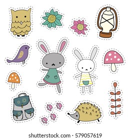 Set cute forest stickers. Collection wildlife stickers in cartoon style