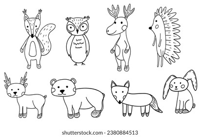 Set with cute forest wild animal in hand drawn doodle style
