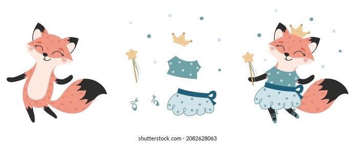 Set of cute fox and ballet dancer costume elements. Create your own Christmas animal character. Hand drawn collection for kids room decor, card, sticker, poster, wrapping paper, print, gift, fabric.