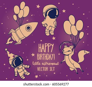 Set of cute fox with balloons, astronauts and rocket in space for birthday party in cosmic style, lilac color, vector illustration