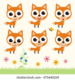 Set of cute fox with big eyes in different emotions.