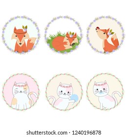 Set of cute fox and cat cartoon character and floral frame illustration