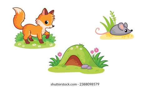 Set of cute fox character, fox hole, the mouse.  Wild animal and their homes, favorite food in cartoon style. Children design vector element  for activity books.