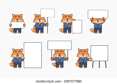 Set of cute fox characters in business suit posing with various blank banners. Advertise or promote concept. Vector illustration bundle