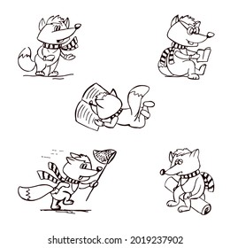 Set of cute fox characters in a scarf and mittens isolated on a white background in sketch style. Vector doodle illustration. The animal reads a book, lies, is sad, runs with a butterfly net