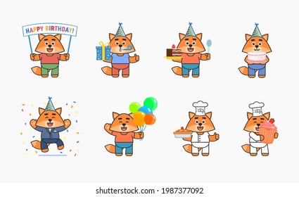 Conjunto de personajes lindos de zorro que muestran varias acciones de fiesta de cumpleaños. zorro alegre sosteniendo caja de regalo, torta, globos, pancarta, quequitos y otras situaciones. Conjunto de ilustraciones de vectores