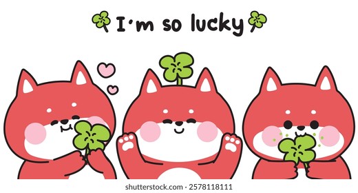 Set of cute fox with clover leaf in various poses.I am so lucky text.Wild animal character cartoon.Image for card,sticker,baby clothing,print screen.Kawaii.Vector.Illustration.