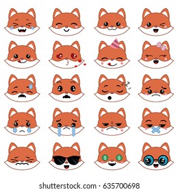 Set of cute fox emoticons. Smile icon set.