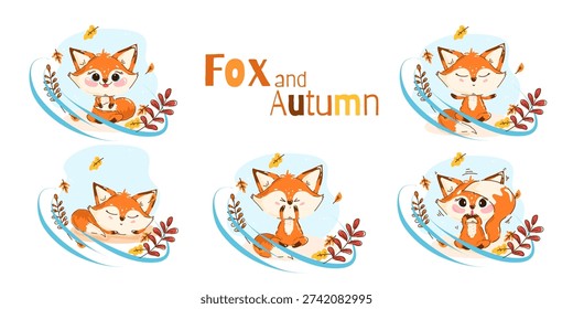Set of cute fox emotions for autumn theme: sleeping, scared, surprised and relaxed poses with falling leaves. Adorable woodland baby in different moods, perfect for nursery prints and stickers.