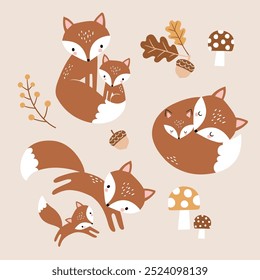 Set of cute fox family. Hand drawn vector fox mother and baby with mushroom, acorn and leaves. Isolated EPS 10 vector file. Perfect for tee shirt logo, greeting card, poster or nursery print design.
