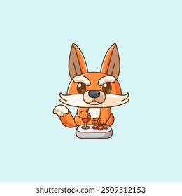 set Cute fox Gamer Playing Game with joystick kawaii chibi character mascot illustration outline style design