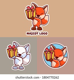 set of cute fox gift mascot logo with optional appearance. premium kawaii vector
