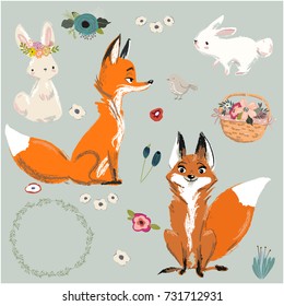 set with cute fox and hare with floral elements
