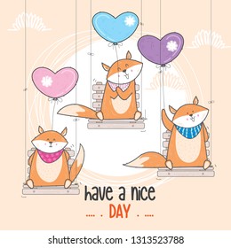 Set. Cute fox holding balloon. Little fox Hand drawn vector illustration. animal character vector-vector