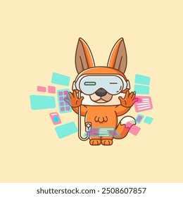 set Cute fox interagir óculos de realidade virtual vr kawaii chibi personagem mascote ilustração estilo de contorno