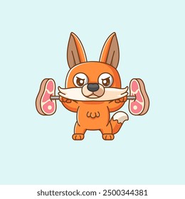 set Cute fox lifting meat barbel food kawaii chibi character mascot illustration outline style design