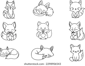 Set of cute fox line art vector 