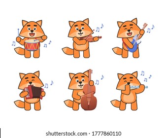 Set of cute fox mascots playing on various musical instruments. Chibi fox playing on drum, violin, guitar, accordion, flute, double bass. Vector illustration bundle