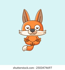 set Cute fox meditation yoga kawaii chibi character mascot illustration outline style design