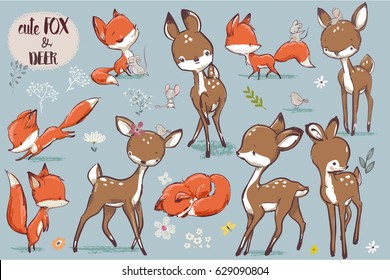 set with cute fox, mouse and deer