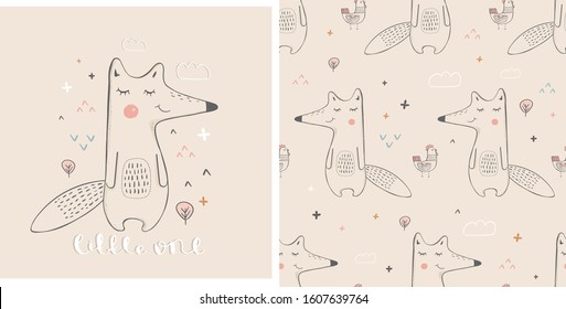 Set of Cute fox and seamless pattern.drawn vector illustration.can be used for kid's or baby's shirt design, fashion print design, fashion graphic, t-shirt, kids wear