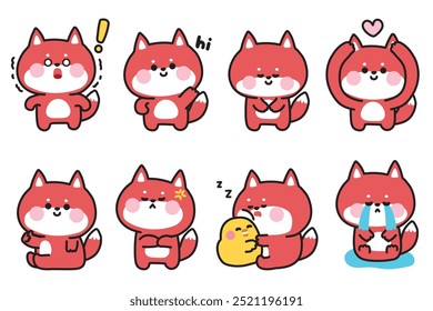 Set of cute fox in various feeling and poses.Emotional.chicken.Wild animal character cartoon design.Image for card,sticker,decorated,baby product.Kawaii.Vector.Illustration.