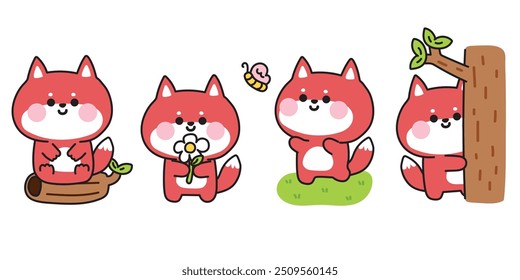 Set of cute fox in various poses.Wild animal character cartoon design.Tree,flower,butterfly,wood hand drawn.Kawaii.Vector.Illustration.