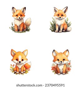 set of cute fox watercolor illustrations for printing on baby clothes, sticker, postcards, baby showers, games and books, safari jungle animals vector