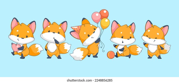 Set of cute foxes in cartoon style. Cartoon animal character for kids cards, baby shower, invitation, poster, t-shirt, house interior. Vector illustration