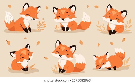 Set of cute foxes in cartoon style. Autumn leaves. Sticker set. Collection of vector illustrations.