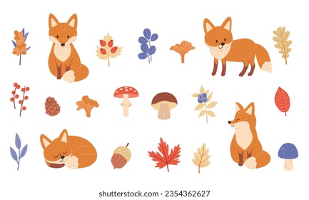 Está rodeado de zorros bonitos y plantas forestales con ramas de hojas. Ilustración vectorial infantil con elementos otoñales clipart para el diseño.