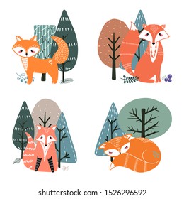 Set of cute foxes. Cute fox on a background of trees. Hand drawn illustration in scandinavian style.