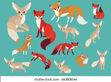 Set of cute foxes in modern flat style. Animal character design isolate background.  