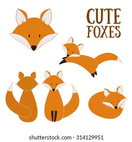 Set of cute foxes. Vector cartoon fox isolated on white. Sitting, sleeping, jumping fox. Flat design illustration.