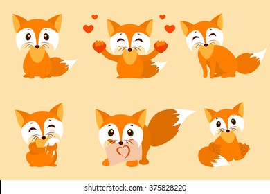 Set of cute foxes. Vector cartoon fox photo. Sitting with hearts, sweet, shy, with a leaf, looks fox. Sleek design illustration.