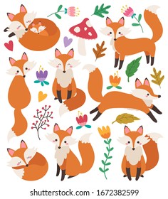 Set of cute foxes vector illustrations in flat style. Fox cartoon characters clip art collection. Woodland animal. Forest animals. Graphic elements. Fox with sleeping, standing, running, sitting pose.