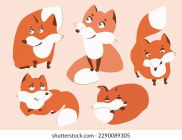 Set of Cute Foxes. Woodland forest animal. Poster for baby room. Childish print for nursery. Design can be used for fashion t-shirt, greeting card, baby shower...Vector illustration.