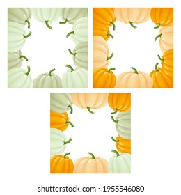 Set of cute frame templates with colorful pumpkins and copy space. White background. Flat style illustration.