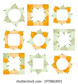 Set of cute frame templates with colorful pumpkins and copy space. White background. Flat style illustration.