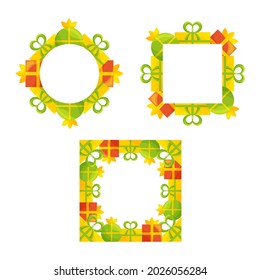 Set von süßen Rahmenvorlagen mit bunten Geschenkbox mit Bändern und Bögen. Weißer Hintergrund. Flaches Beispiel.