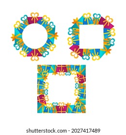 Set of cute frame templates with colorful present boxes with ribbons and bows. White background. Flat style illustration.