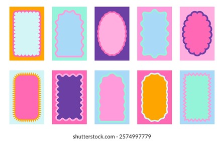 Set of cute frames with arch, rectangle and oval inner wavy edges. Colorful vignettes for pictures or photos with inside wiggly borders. Empty box, tag or label templates. Vector flat illustration.