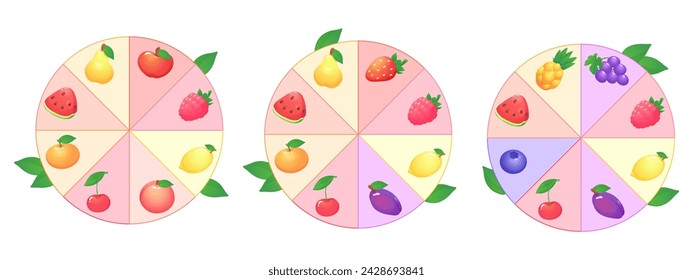 Set of cute frames with different fruits and berries:apple, strawberry, raspberry blackberry, currant, peach, watermelon, grapes, plum, cherry, pear, tangerine, gooseberry, lemon, pineapple.