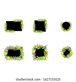 Set of cute frames of spring flowers in a flat style on black geometric shapes isolated on white background. Stock vector illustration for decoration and design, packaging, Easter, postcards, banners
