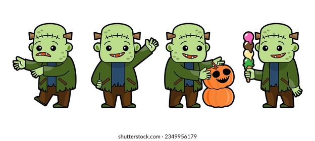 Set of cute Frankenstein cartoon characters . Halloween concept . Isolate white background . Vector .