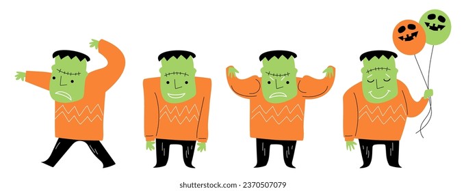 Set of cute Frankenstein . Halloween cartoon characters . Doodle drawing style . Vector.