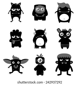 set of cute freaky monsters silhouettes